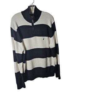 Nautica Mens Striped 1/4 Zip Sweater Size L Cotton Navy & White